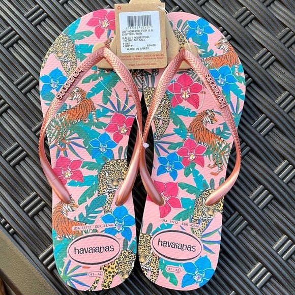 Havaianas, pink jungle design with rose gold straps and logo, new - Picture 1 of 6